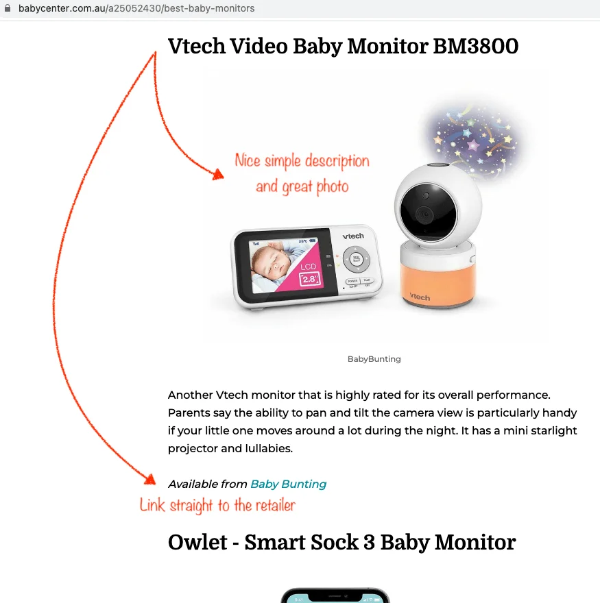 Example of baby monitor listings on BabyCenter