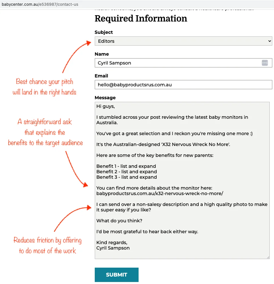 An email script pitch to get listed on BabyCenter